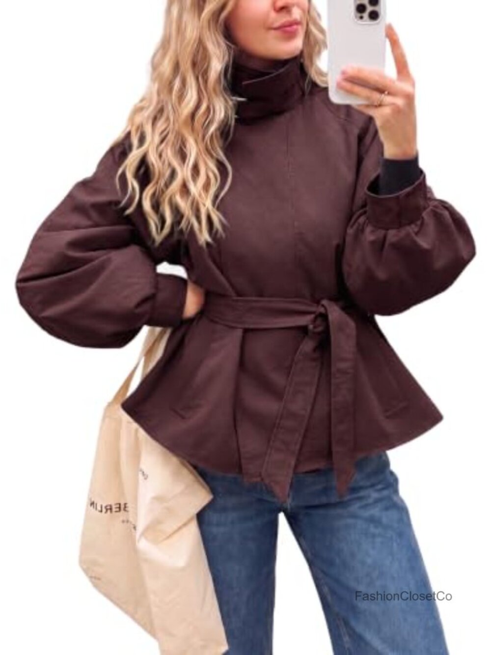 Womens Cropped Trench Coat Lightweight Oversized Lantern Sleeve Short Jacket